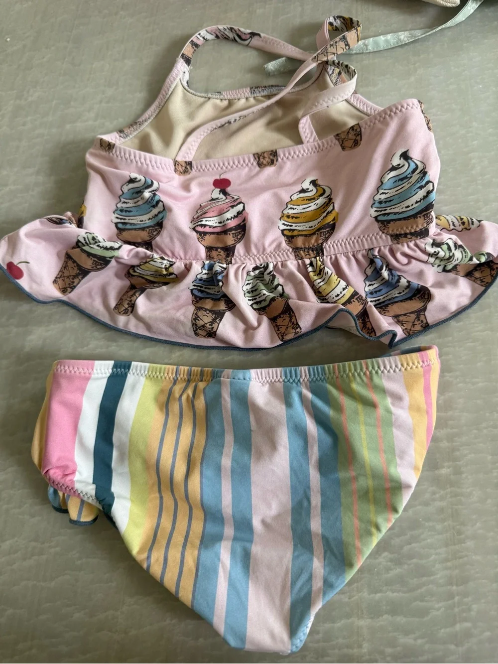 Pink Chicken Pink Ice Cream Print Two-Piece Swimsuit with Pastel Stripes